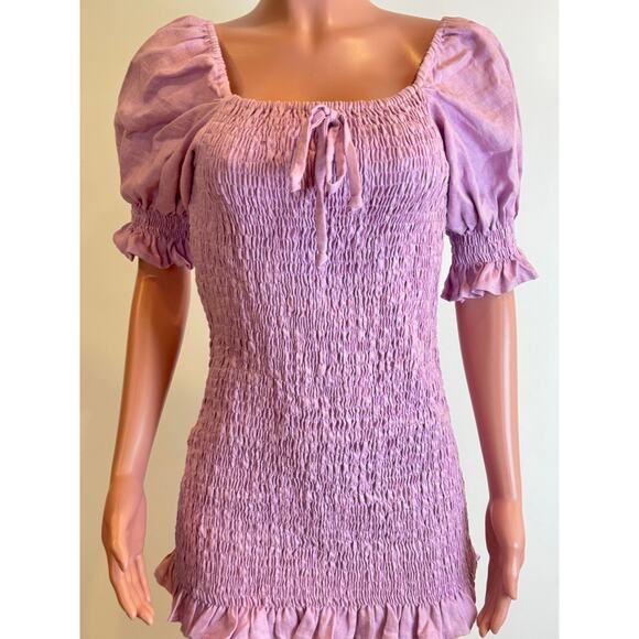 Faithfull The Brand Annibelis Mini Dress Sz M Purple Linen Smocked Puff Sleeve - Picture 7 of 16